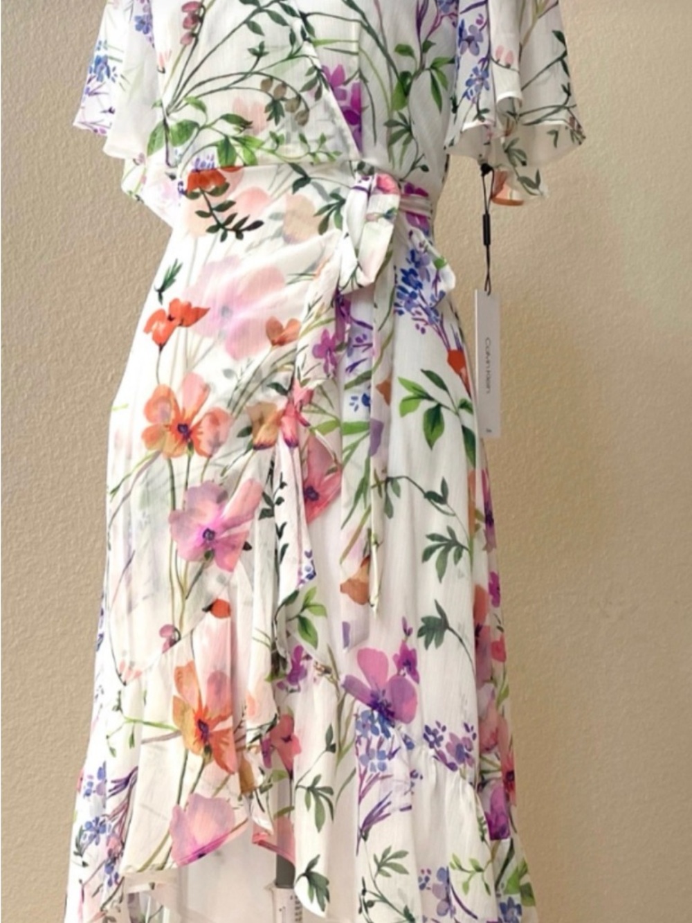 Calvin Klein Floral Wrap Midi Dress in White with Pastel Blooms